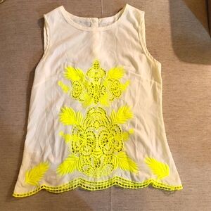 Ivory Chiffon Sleeveless Blouse with Neon Yellow Embroidery. SZ large